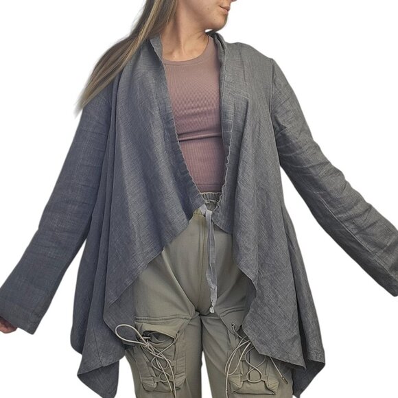 Bryn Walker Womens 100% Linen Lagenlook Tie Front Long Sleeve Cardigan, Grey, M - Picture 2 of 10